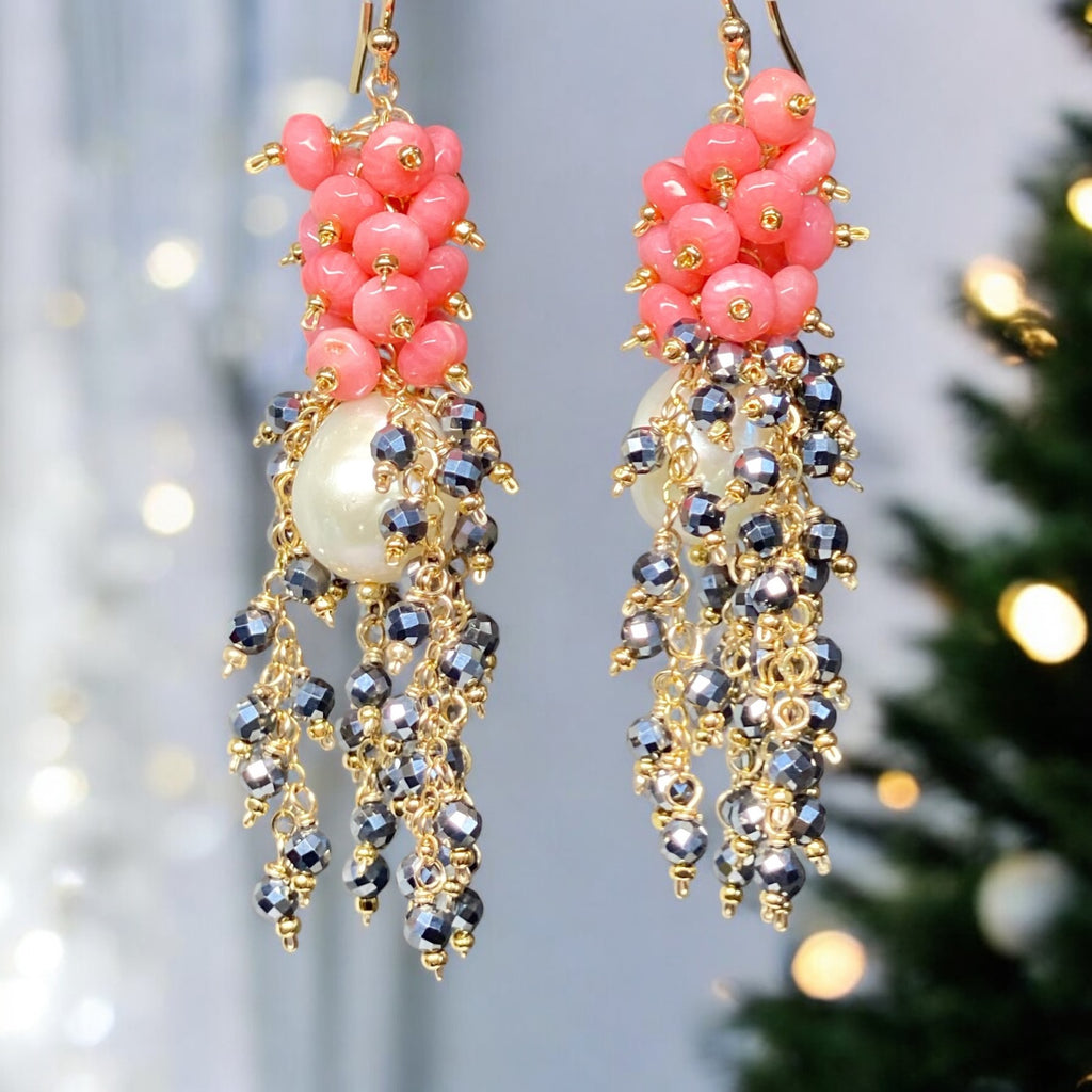 CUSTOM ORDER for Sandra H - Pearl, Coral and Black Cluster Earrings Gold Fill