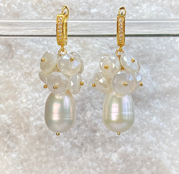 Baroque Pearl and Mystic Moonstone Gemstone Earrings Gold - Doolittle