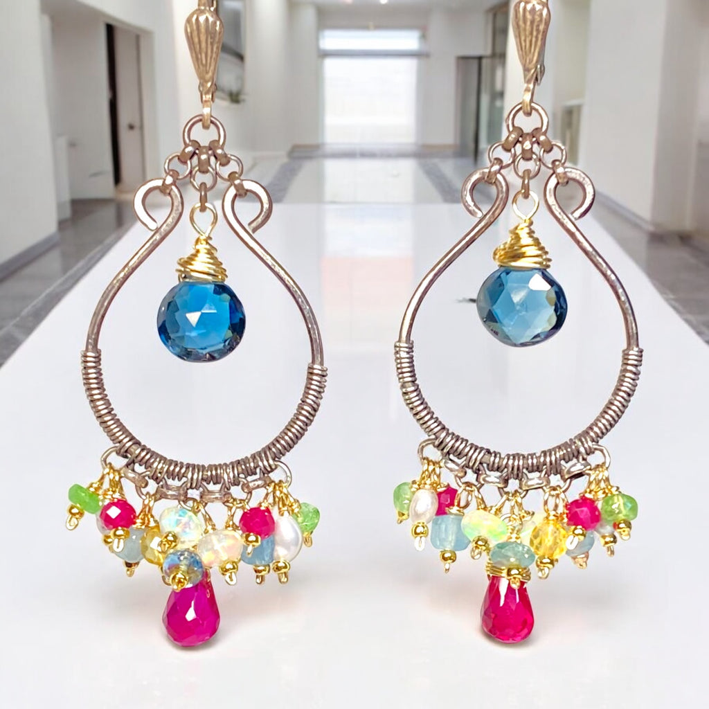 London Blue Topaz, Multi Gemstone, Oxidized Silver Hoop Chandelier Earrings