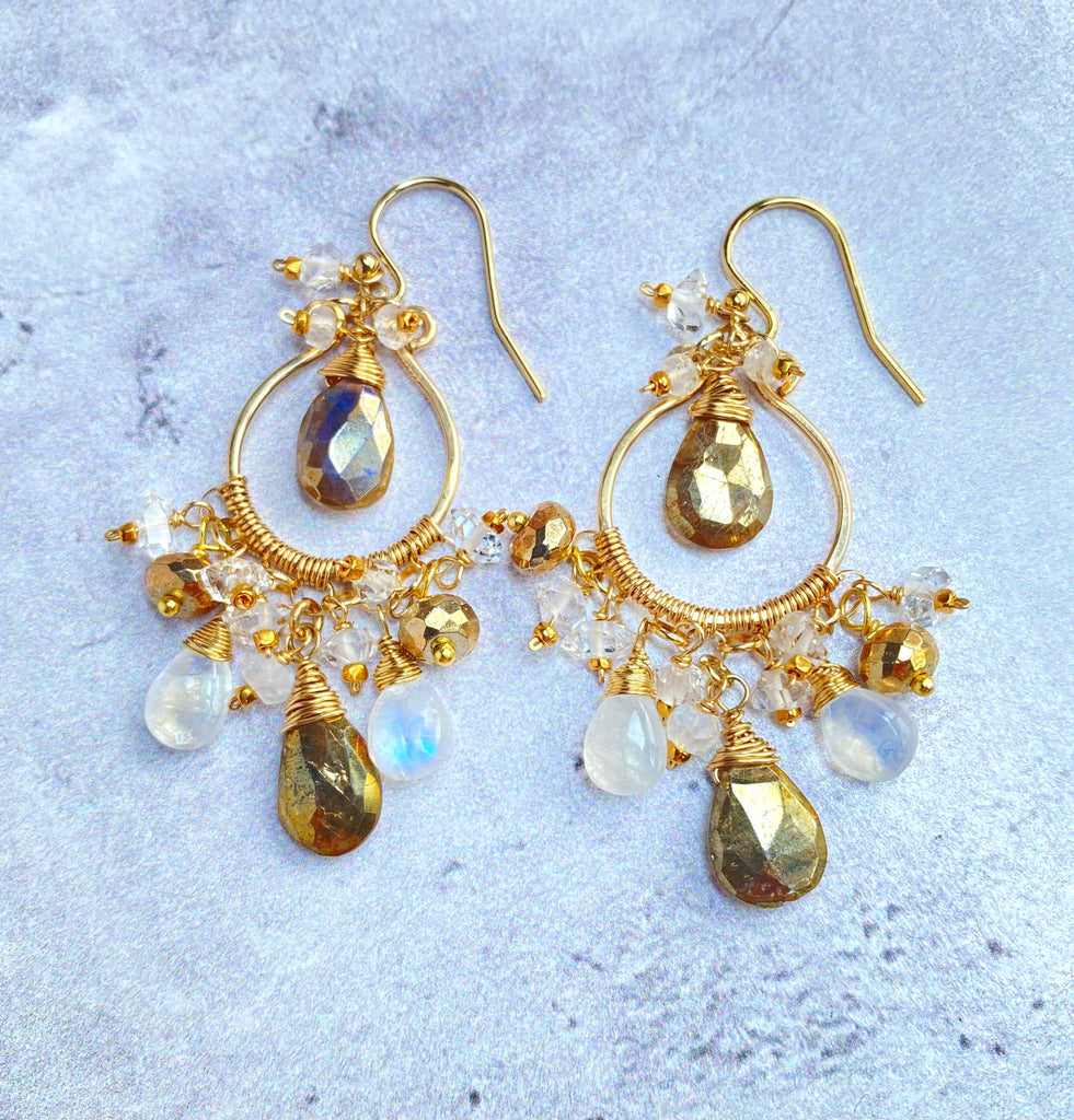 Rainbow Moonstone and Gold Labradorite Chandelier Hoop Earrings — Herkimer Diamond Gold Fill