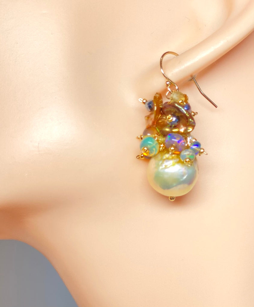 Pond Slime Gold White Pearl Earrings with Black Opals Golden Keishi Pearl Clusters