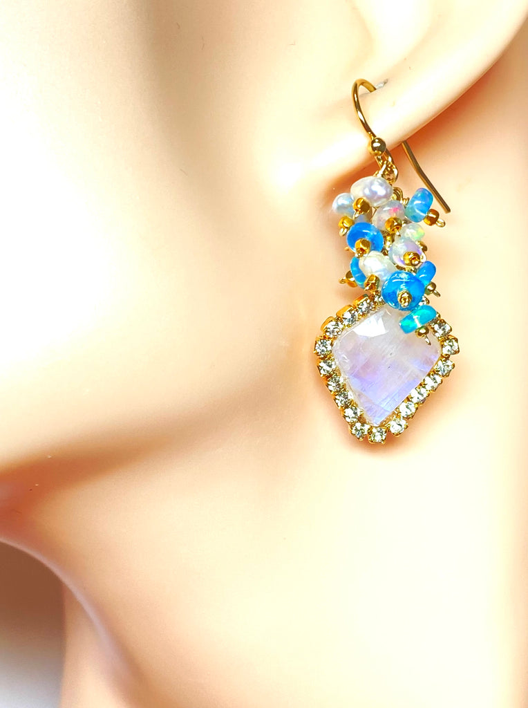 Rainbow Moonstone Diamond Style, Opal Cluster Dangle Earrings Gold