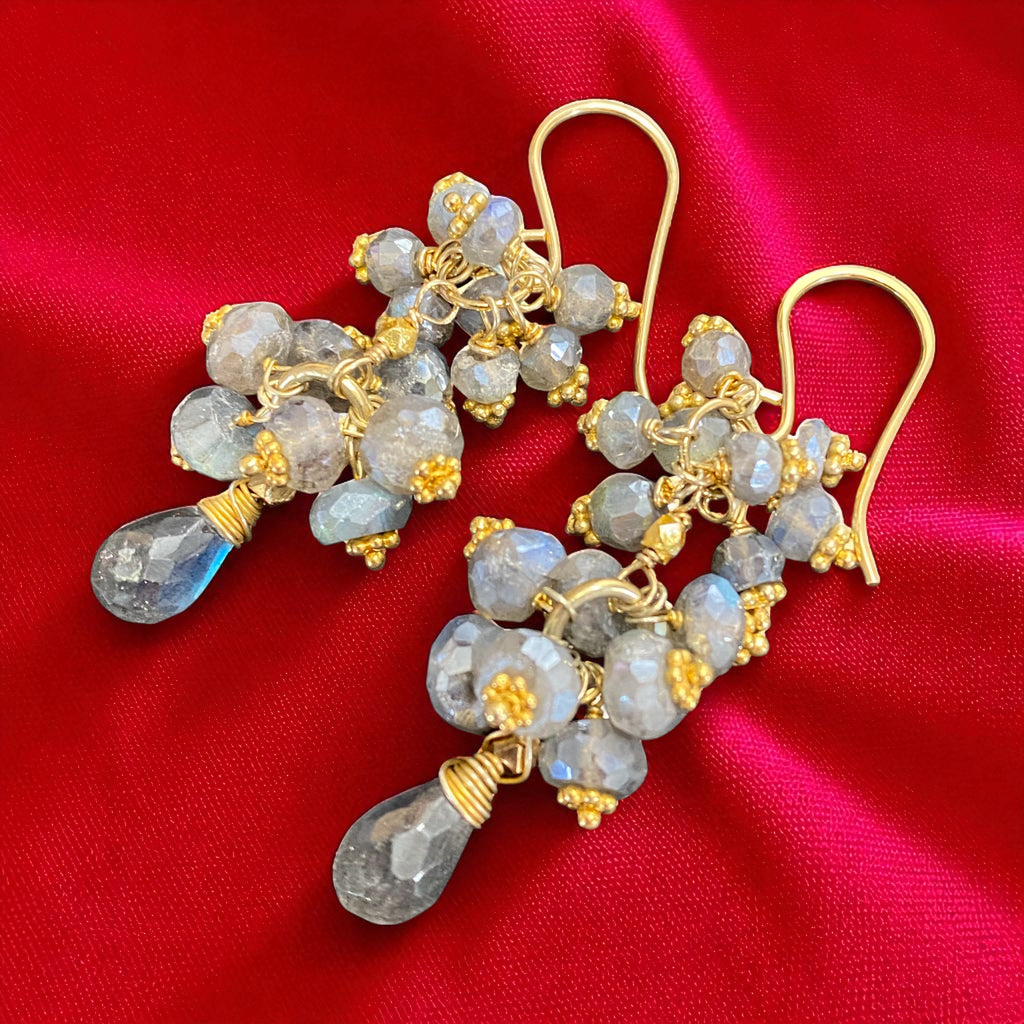 Mystic Labradorite Cluster Earrings Gold Vermeil