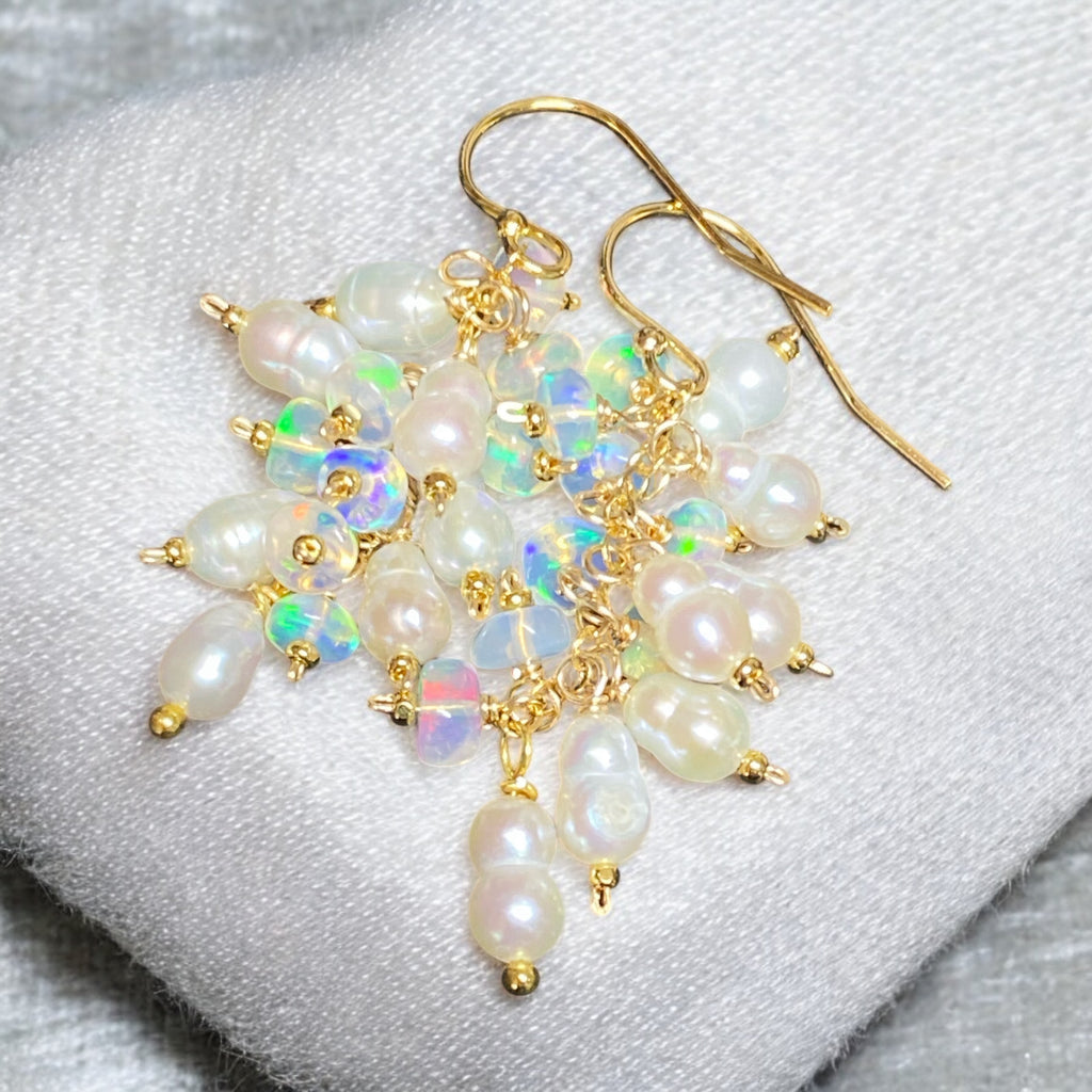 Pearl and White Ethiopian Opal Dangle Earrings Gold