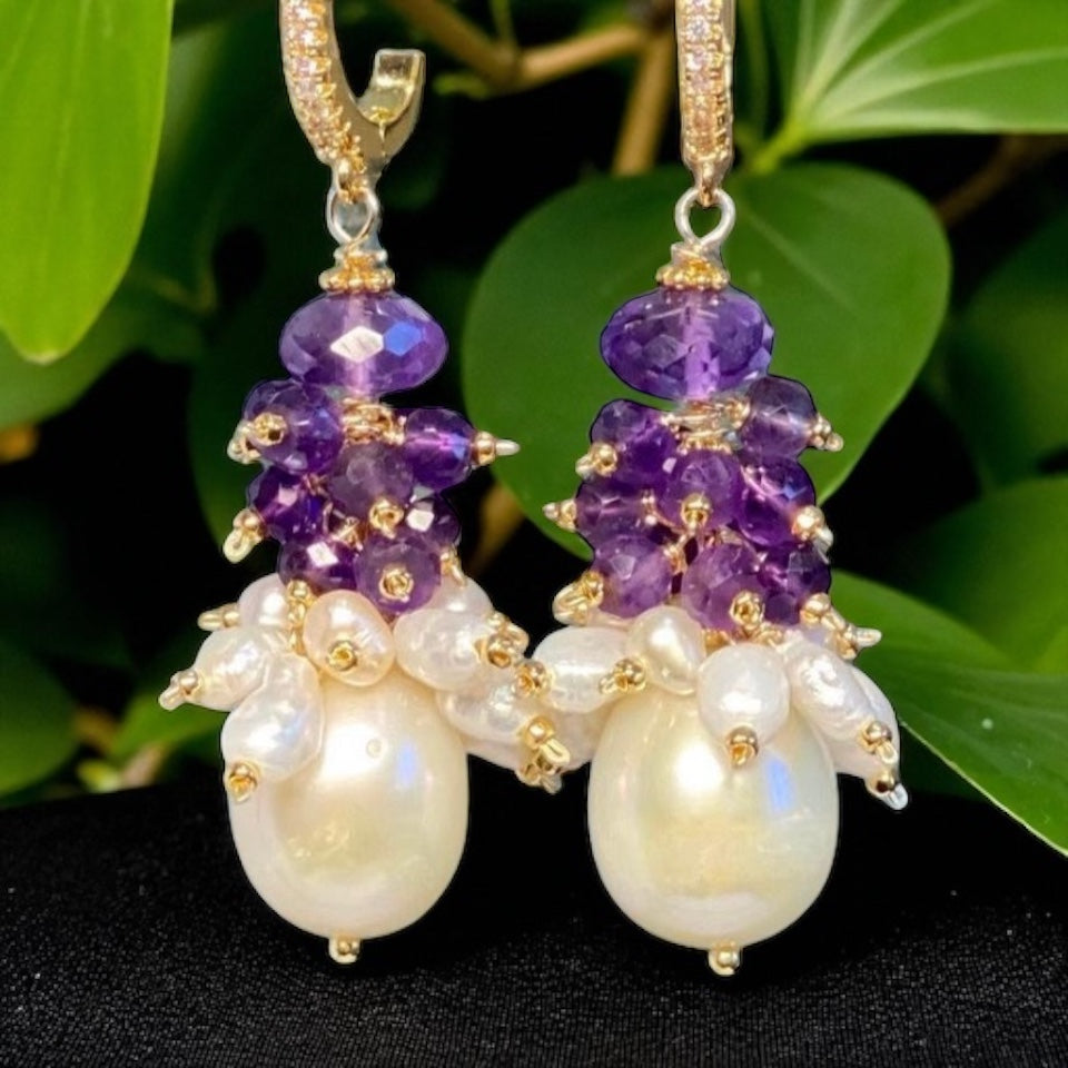 Amethyst Cluster Ivory Baroque Pearl Earrings