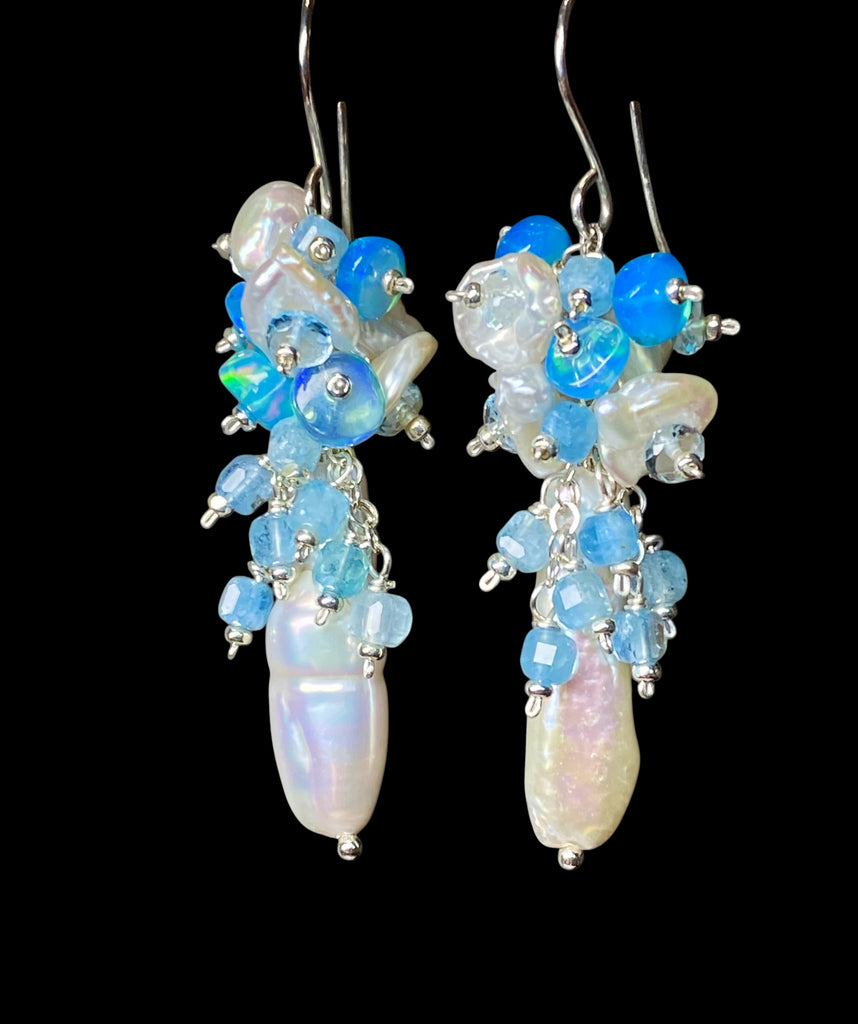 Blue Ethiopian Opal, Keishi Pearl and Gem Dangle Earrings Sterling Silver