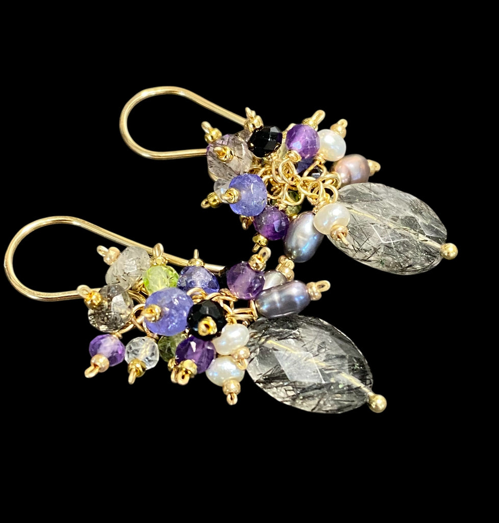 Black Rutilated Quartz Tanzanite Peridot Amethyst Cluster Earrings 2