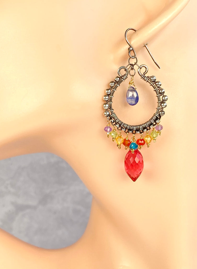 Chandelier Hoop Earrings, Multicolor Gemstone, Oxidized Sterling Silver, Handmade - Doolittle