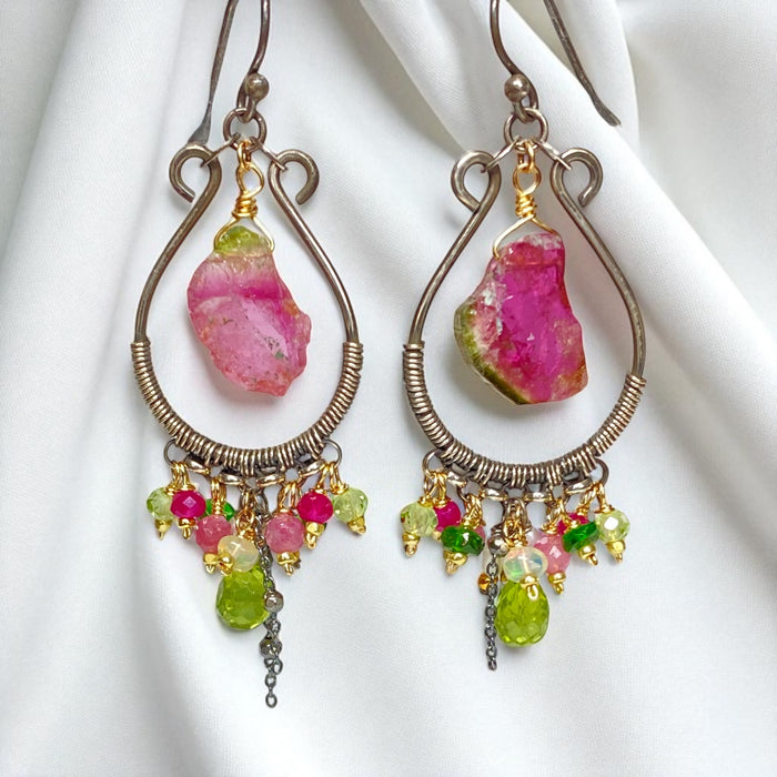 Pink Sapphire, Peridot, Watermelon Tourmaline Hoop Chandelier Earrings