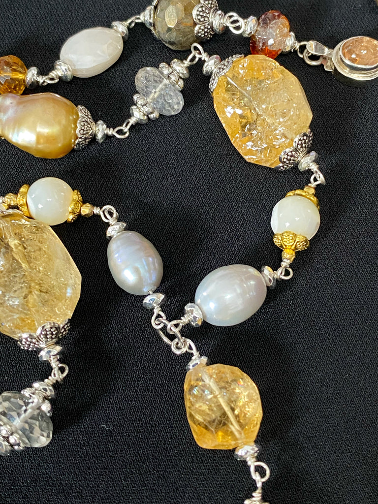 Citrine and Gold White Baroque Pearl Long Sautoir Necklace Sterling Silver — Pyrite Moonstone Crystal Quartz