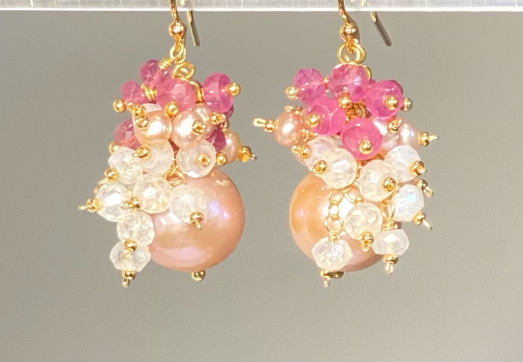 Blush Pearl Pink Sapphire Mystic Quartz Cluster Earrings
