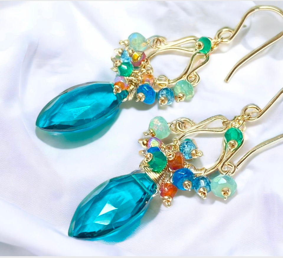 Teal and Multicolor Gemstone Chandelier Earrings Gold Fill