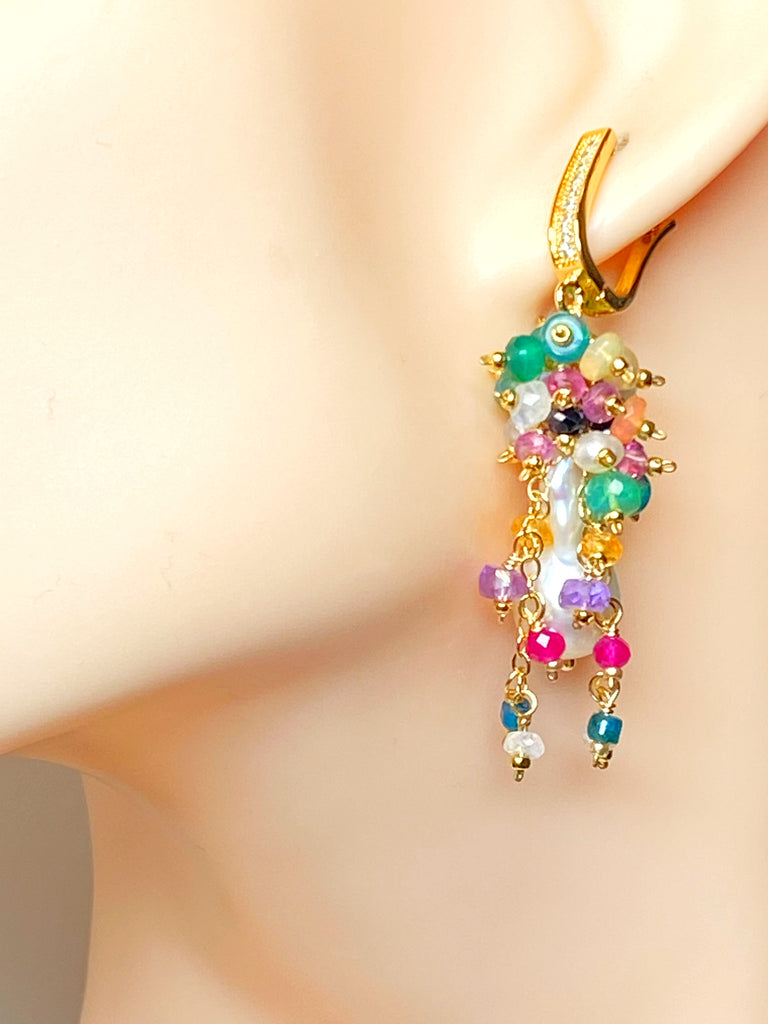 Baroque Flameball Earrings Multi Gemstone Cluster, Gold fill