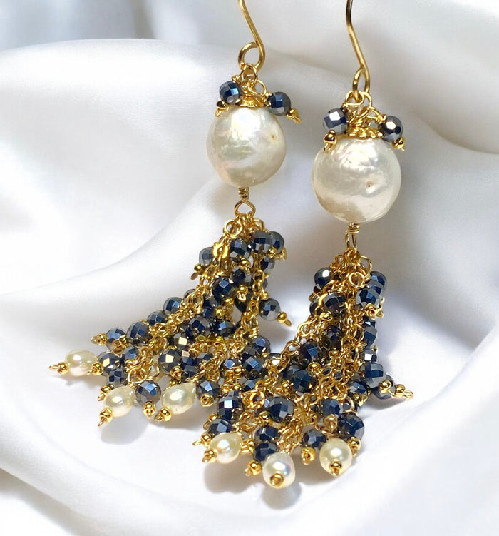 Edison Pearl, Sparkly Black Gem Tassel Earrings Gold Fill