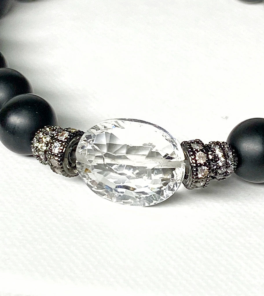 Black Onyx Stretch Bracelet with Crystal Quartz and Black Pave CZ