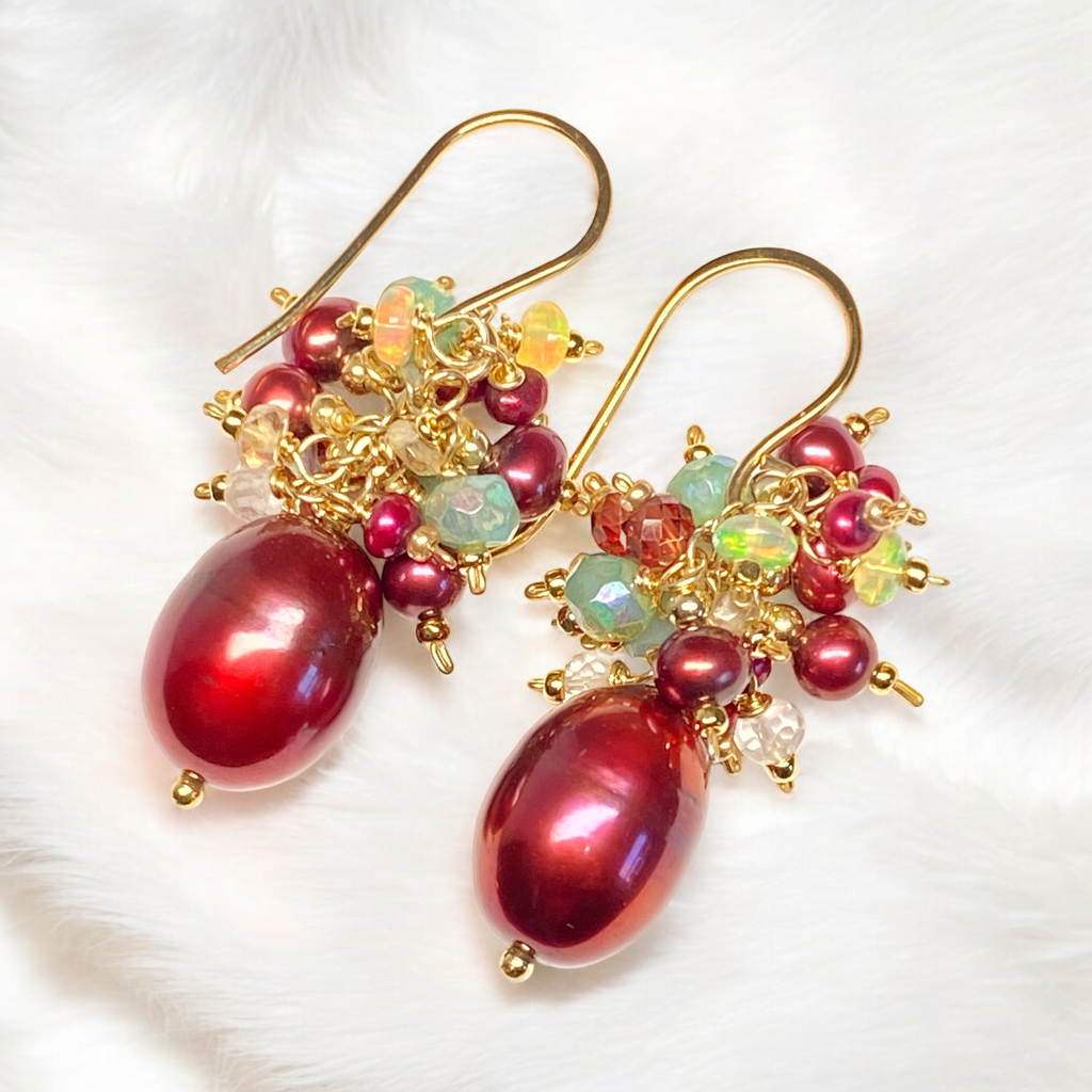 Red Pearl Gemstone Cluster Earrings, Gold Fill