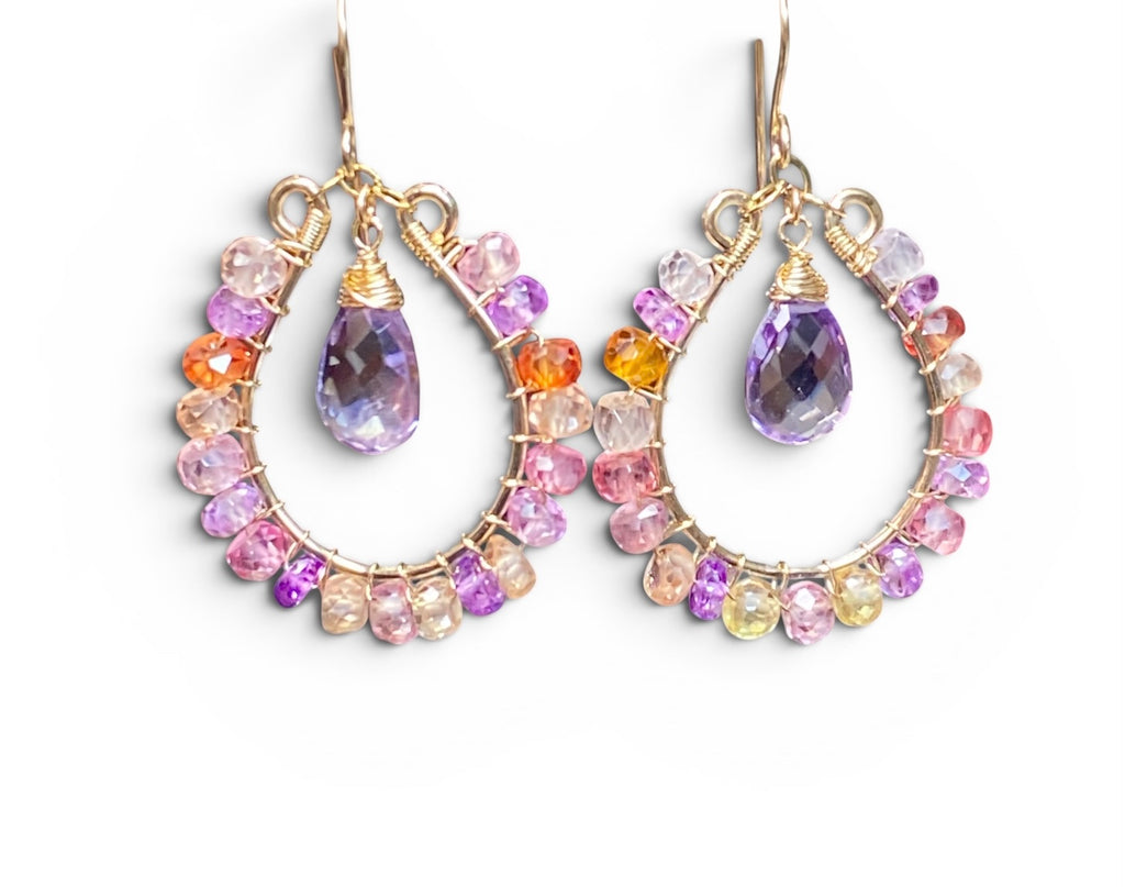 Colorful Gemstone Hoop Earrings:  Padparadscha Sapphire, Amethyst Quartz, Gold Fill, Statement Earrings - Doolittle