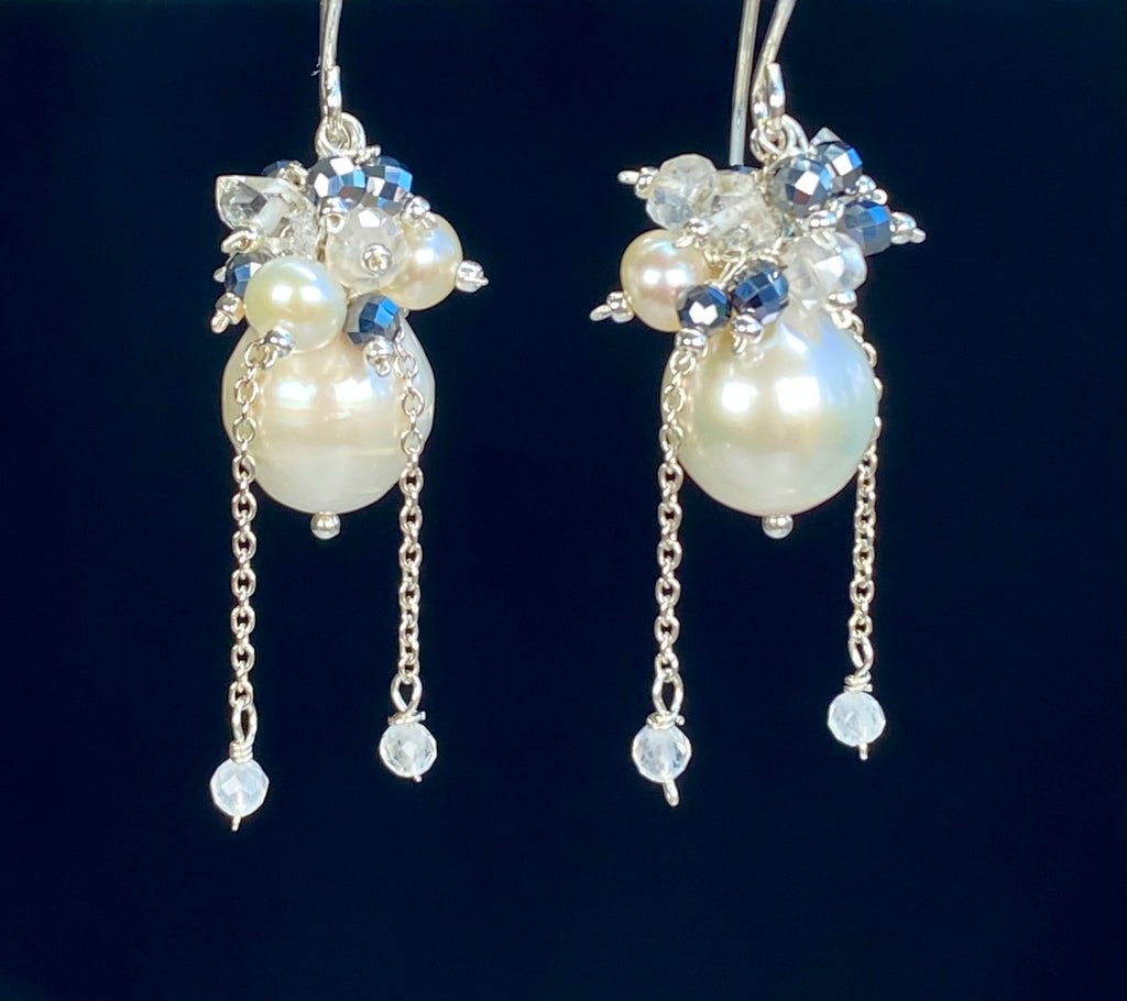 Ivory Pearl Cluster Earrings with Moonstone, Mystic Quartz & Herkimer Diamond