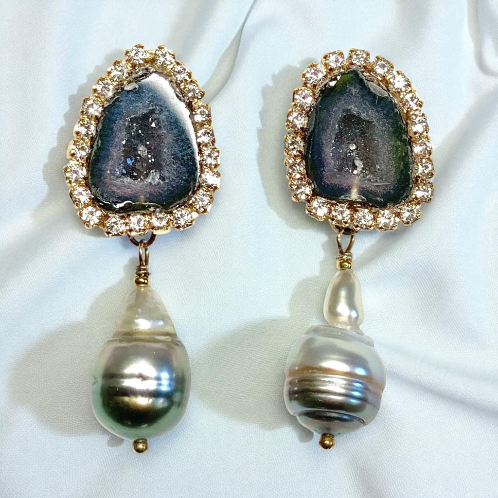 Black Tabasco Geode Earrings with Tahitian Pearls