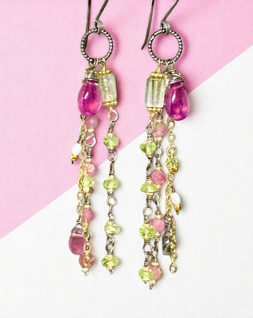Pink Sapphire, Peridot and Tourmaline Gemstone Long Dangle Earrings