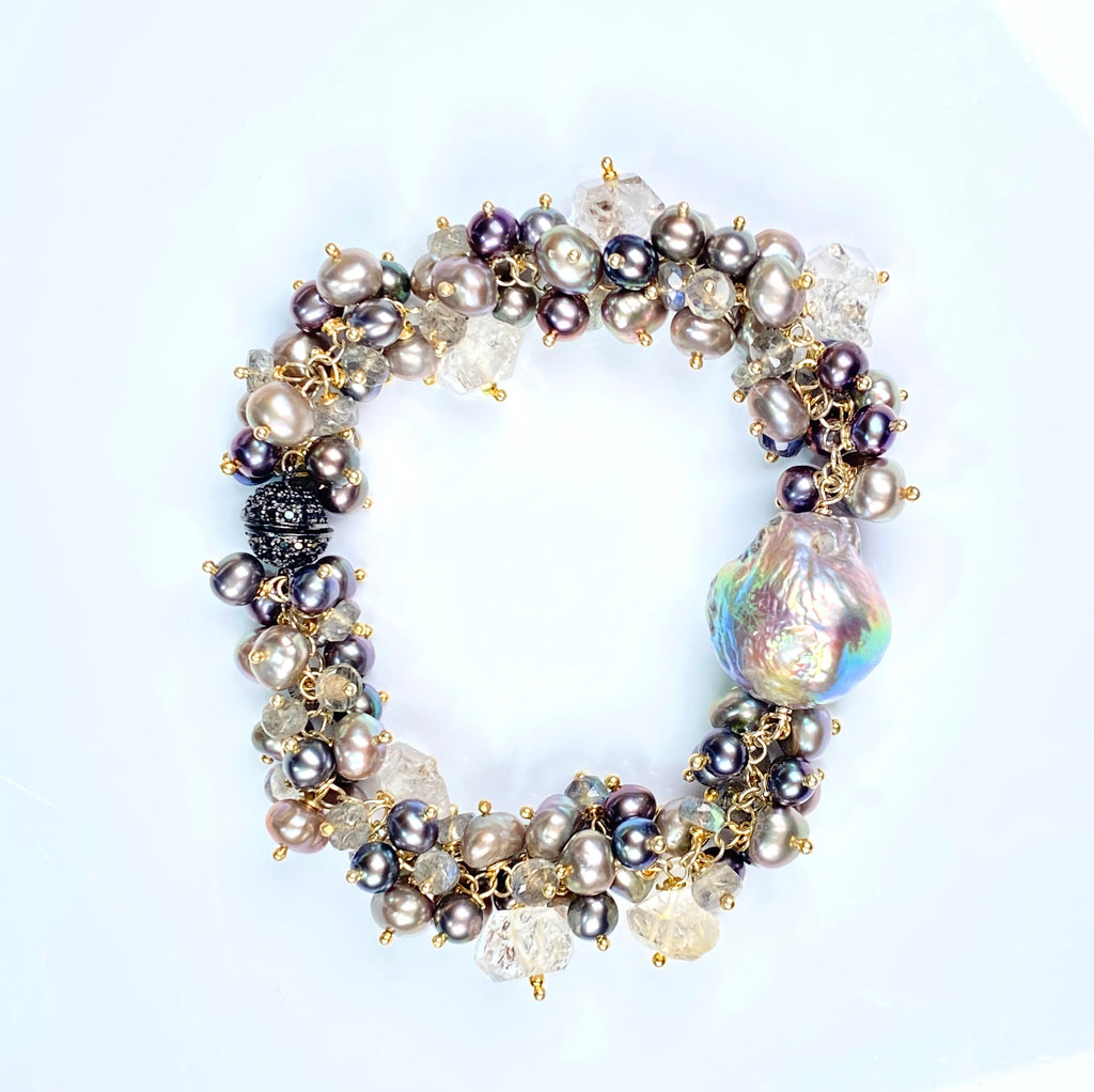 Silver Grey Baroque Pearl Cluster Bracelet — Herkimer Quartz & Labradorite