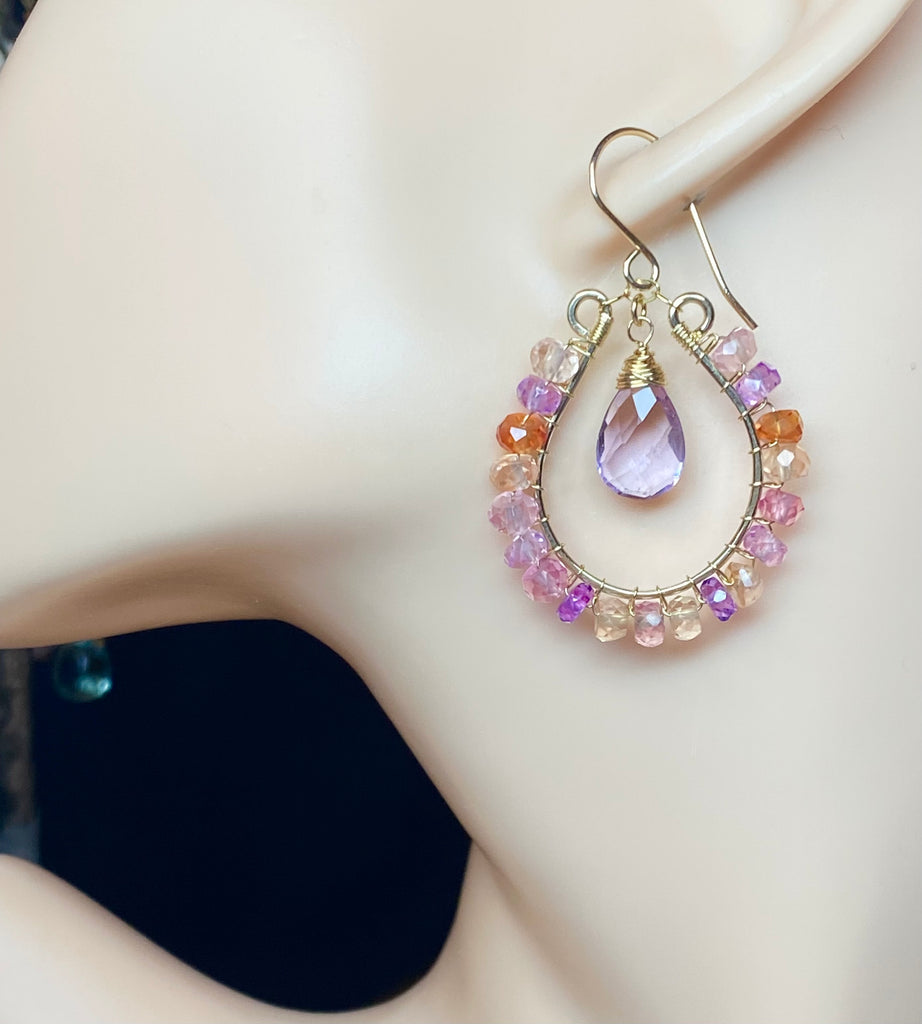 Colorful Gemstone Hoop Earrings:  Padparadscha Sapphire, Amethyst Quartz, Gold Fill, Statement Earrings - Doolittle