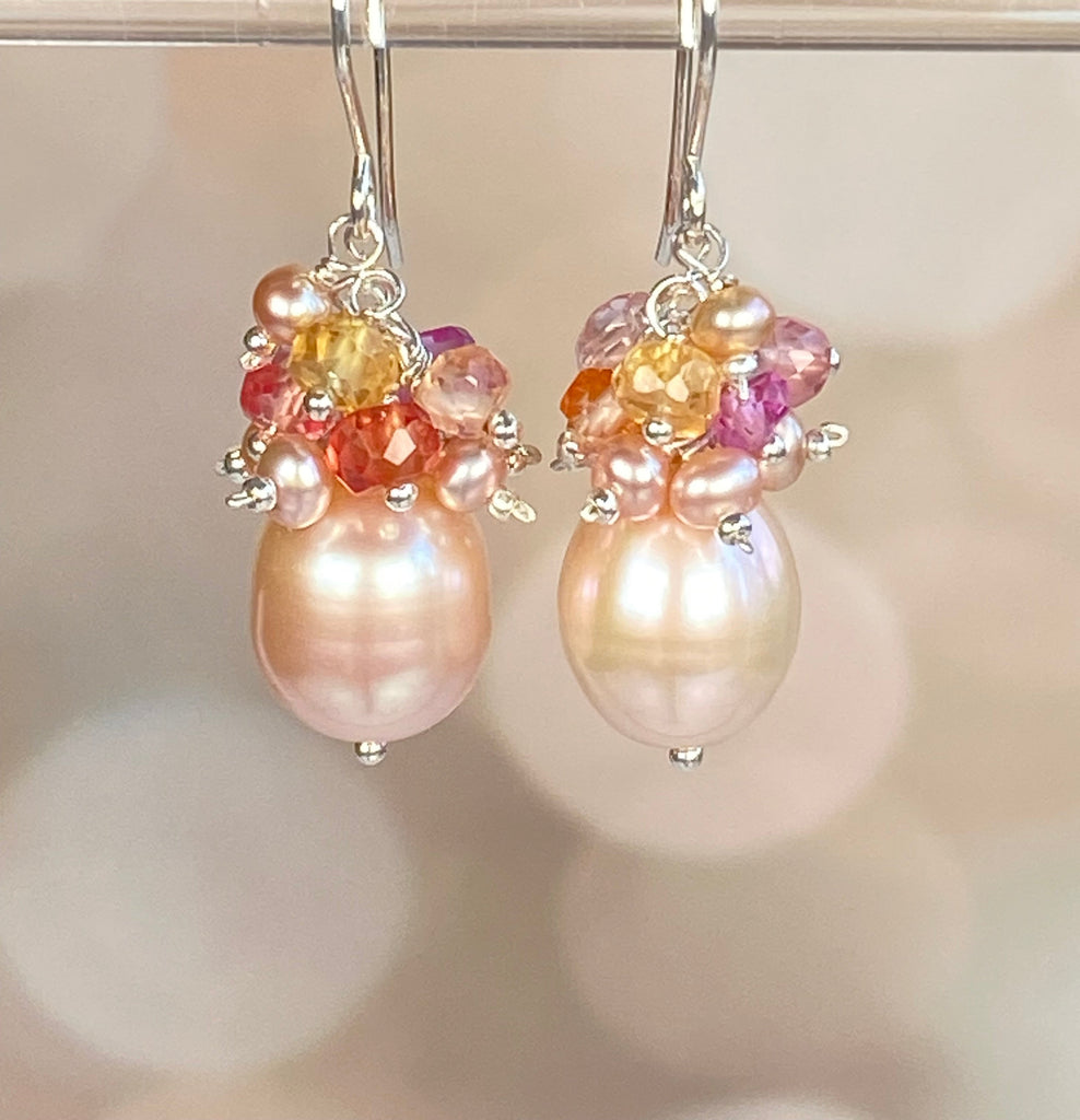 Blush Pink Pearl Cluster Earrings with Padparadscha Sapphires, Sterling Silver