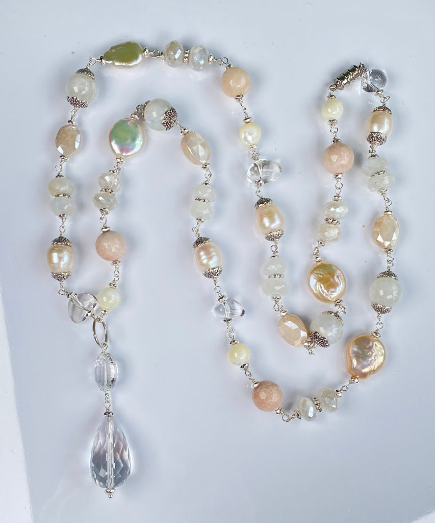 Crystal Quartz Moonstone Pearl Aventurine Long Necklace Sterling Silver - Doolittle