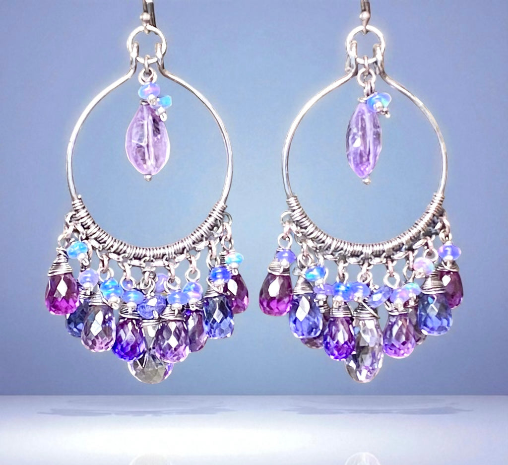Blue Violet Gem Statement Chandelier Earrings in Oxidized Sterling Silver