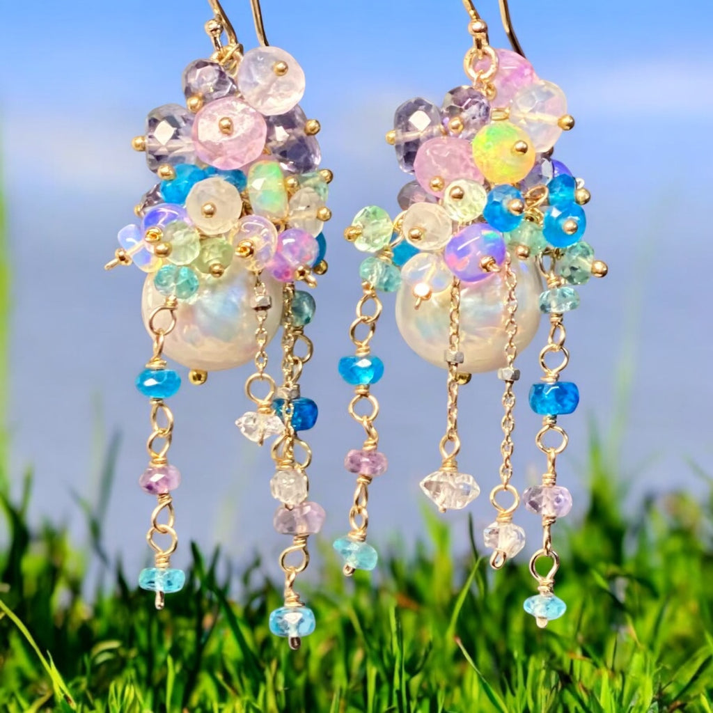 Edison Pearl Barque Cluster Earrings Gold Fill, Lavender, Blue, Aqua Green