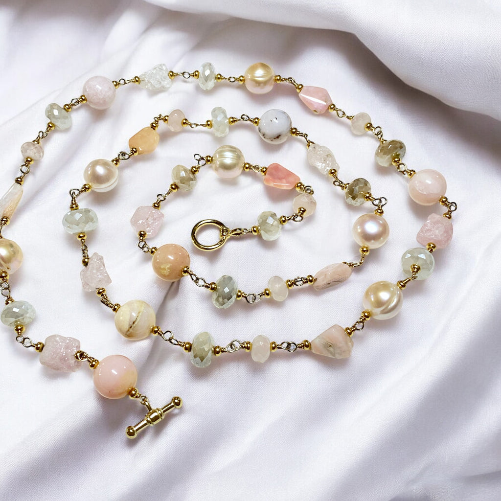 Pink Blush Gemstone and Pearl Long Necklace Gold Fill Wire Wrap