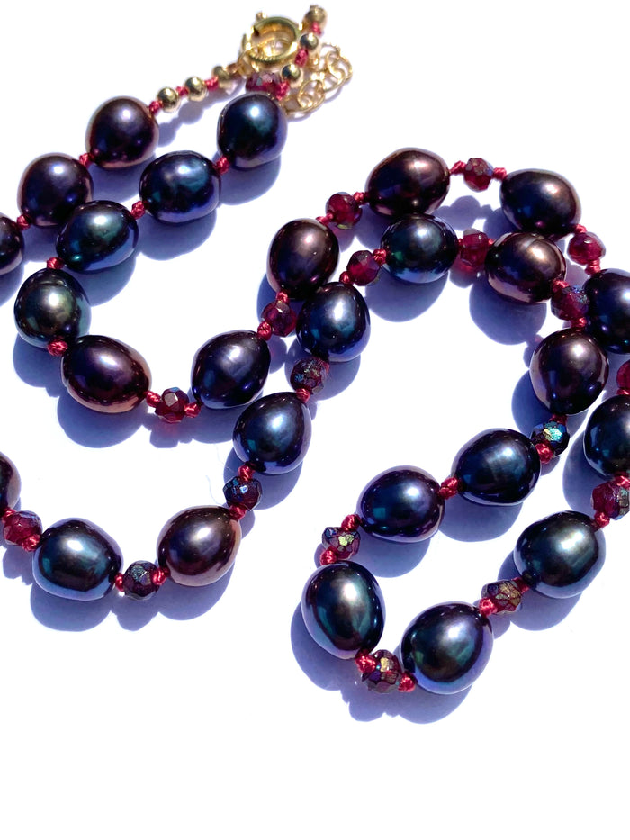 Peacock Pearl and Mystic Garnet Silk Knotted Necklace, Gold Fill