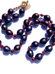 Peacock Pearl and Mystic Garnet Silk Knotted Necklace, Gold Fill