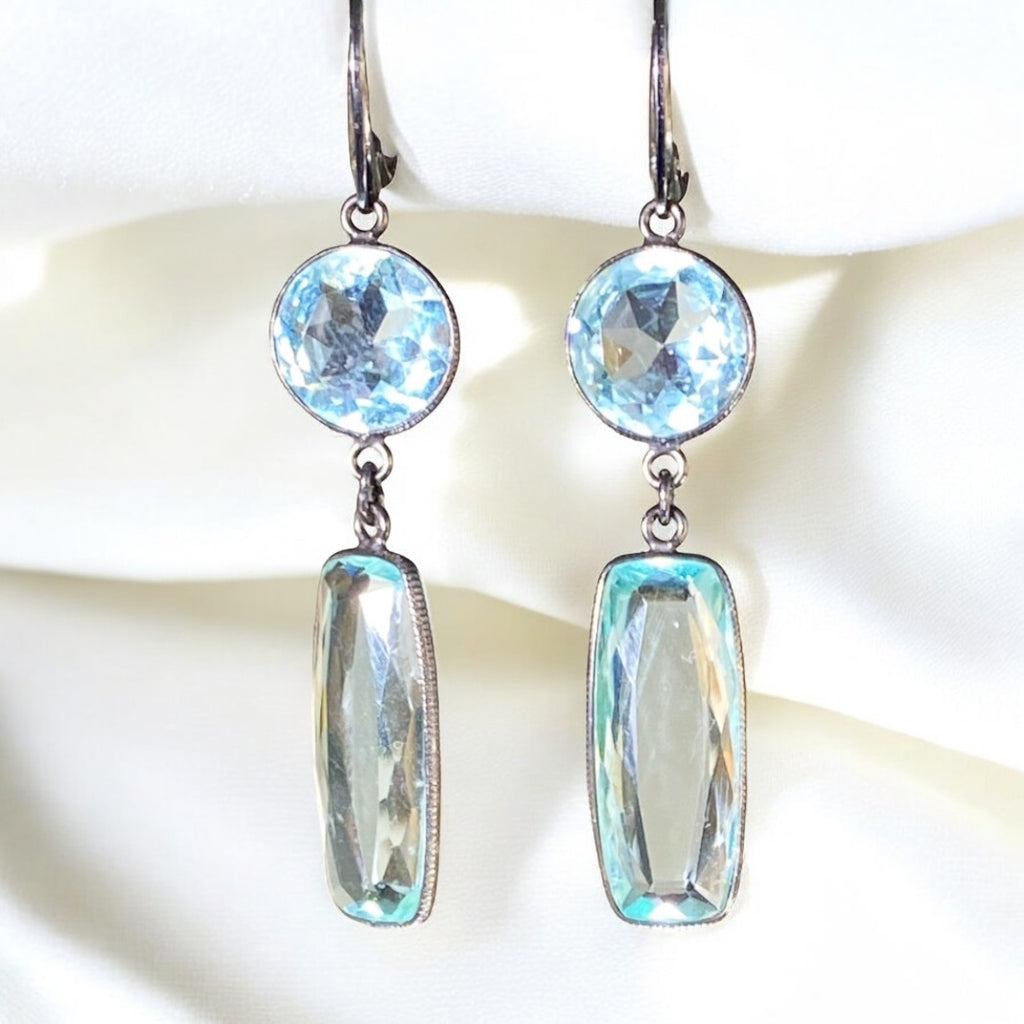 Long Sparkly Aqua Crystal Quartz Dangle Earrings Oxidized Silver