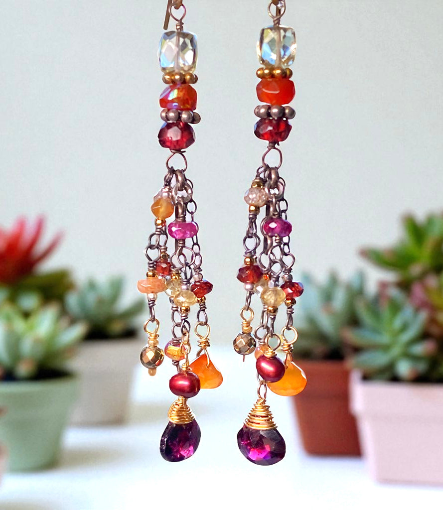 Multi Gemstone Gem Dangle Earrings, Boho Tassel Style, Red Garnet, Carnelian, Citrine, Mixed Metal