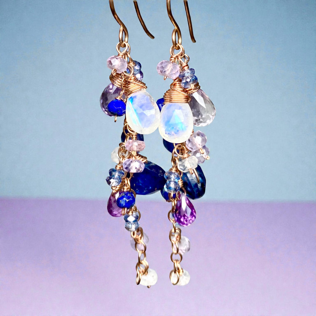 Rose Gold Boho Dangle Earrings with Kyanite, Amethyst & Moonstone | Handmade Gemstone Jewelry