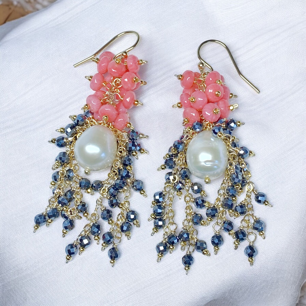 CUSTOM ORDER for Sandra H - Pearl, Coral and Black Cluster Earrings Gold Fill