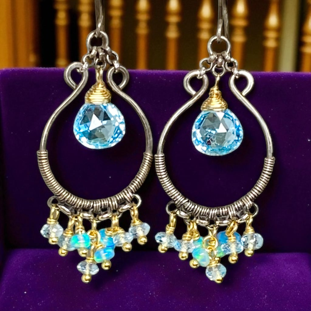 Blue Topaz, Opal, Chandelier Hoop Earrings Oxidized Silver Mixed Metal