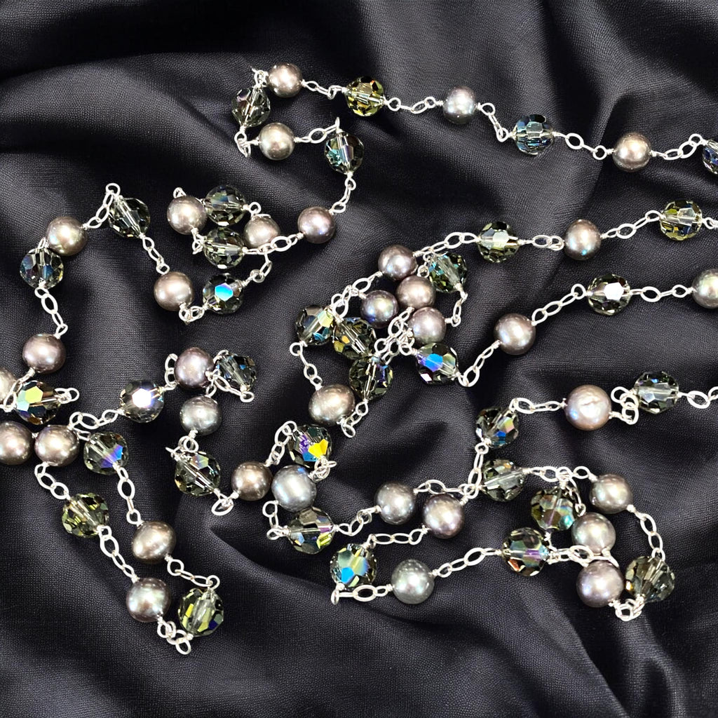 Long Grey Pearl Austrian Crystal Sautoir Necklace — Sterling Silver Wire Wrap
