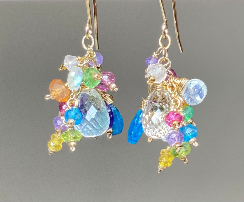 Crystal Quartz Dangle Earrings with Multi Gemstone Cluster Sterling Silver 9