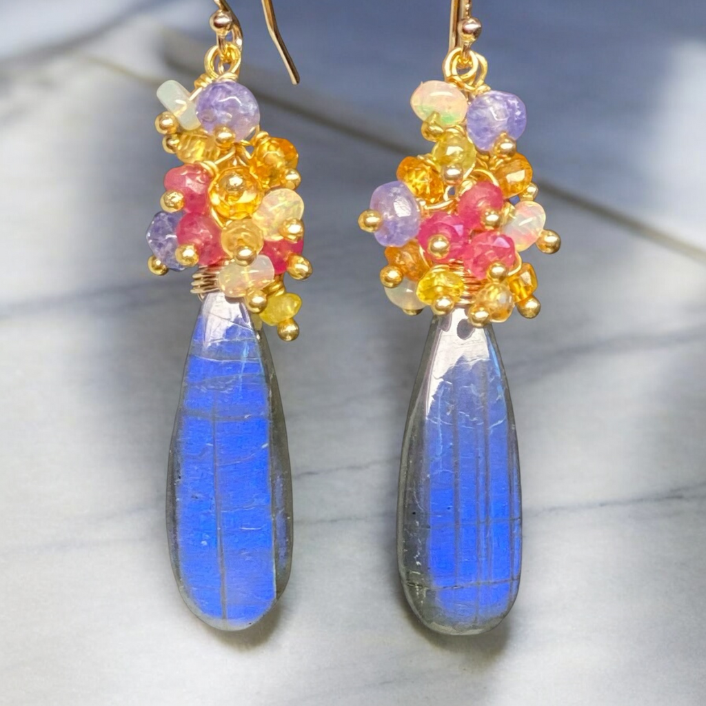 Labradorite and Sapphire Long Cluster Dangle Earrings Gold Fill