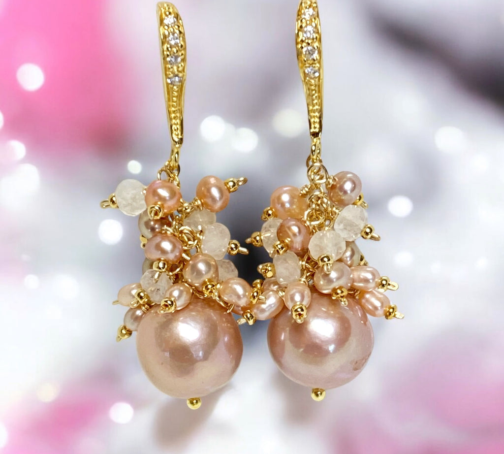 Blush Pink Edison Pearl Cluster Earrings Gold Fill