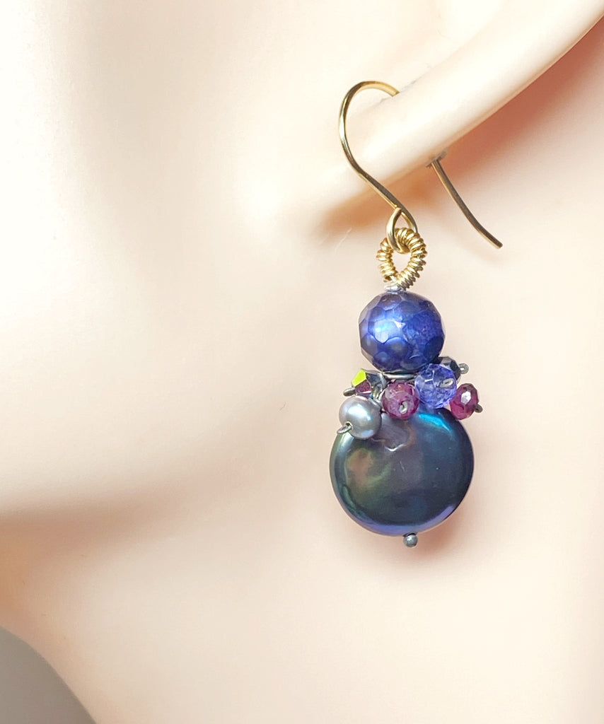 Peacock Coin Pearl Earrings with Faceted Blue Pearls