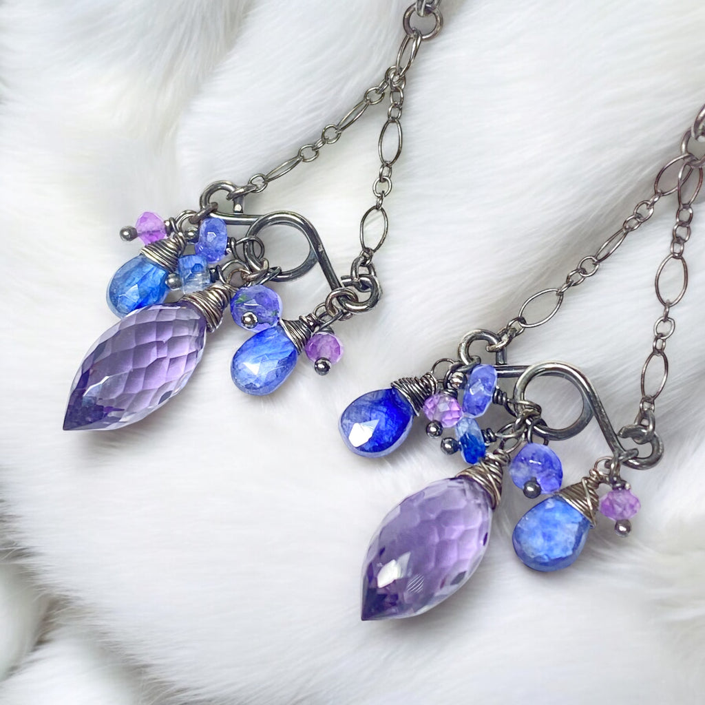 Blue Purple Gemstone Handmade Chandelier Earrings Oxidized Silver Tanzanite