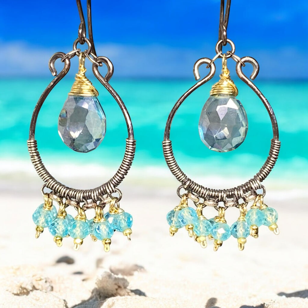 Aqua Apatite Oxidized Sterling Silver Hoop Chandelier Earrings