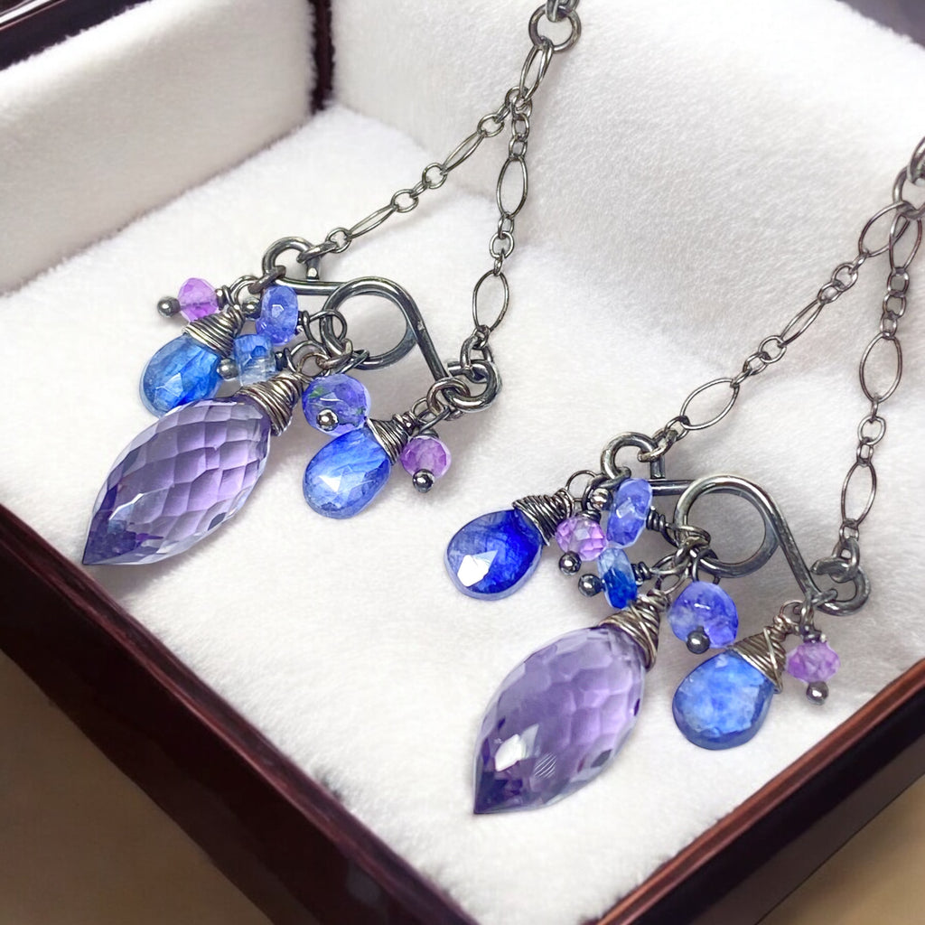 Blue Purple Gemstone Handmade Chandelier Earrings Oxidized Silver Tanzanite