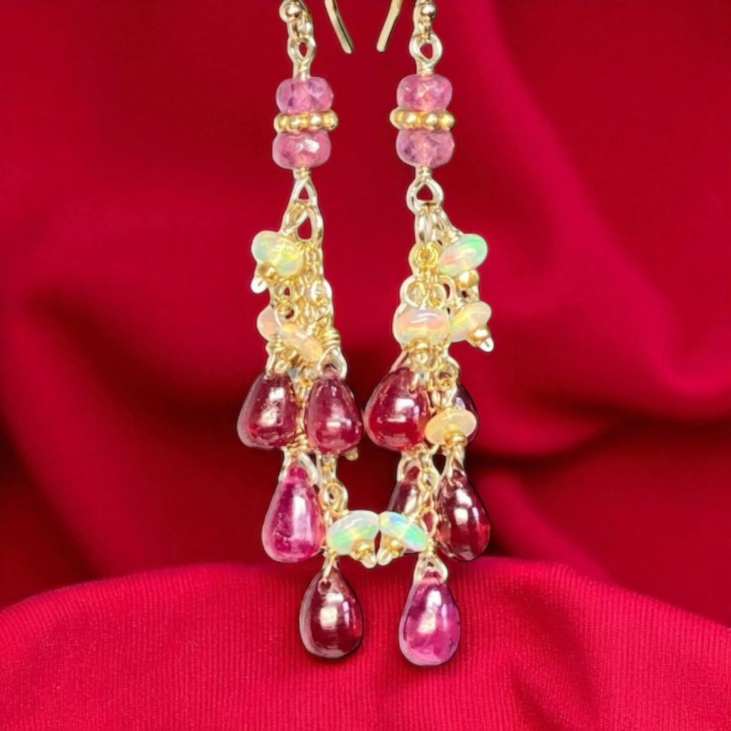 Pink Sapphire and Opal Tassel Earrings, Gold Fill