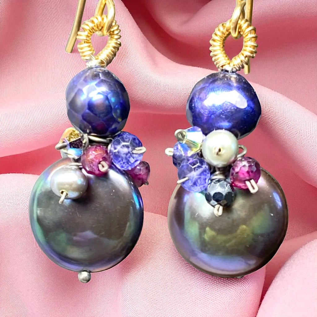 Peacock Coin Pearl Earrings with Faceted Blue Pearls