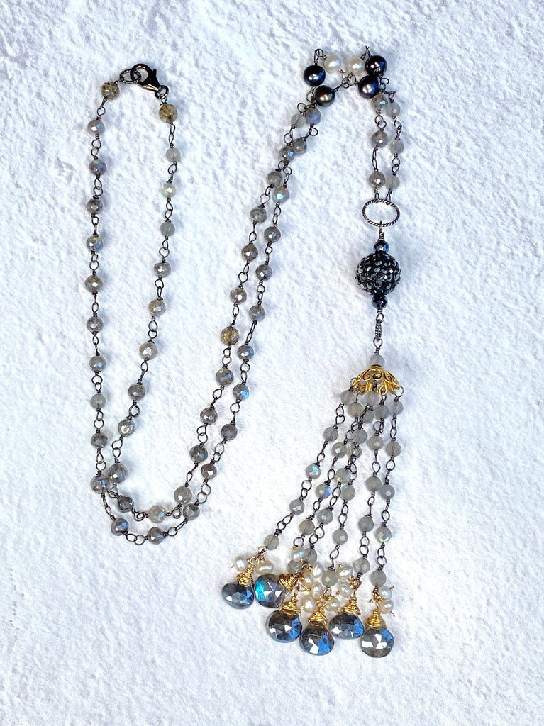 Mystic Labradorite Tassel Pendant Necklace with Marcasite & Spinel — Oxidized Sterling Silver & 14k Gold Fill