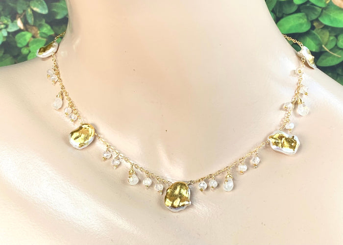Keishi Pearl 24kt Gold Leaf Boho Dangle Necklace with Rainbow Moonstone